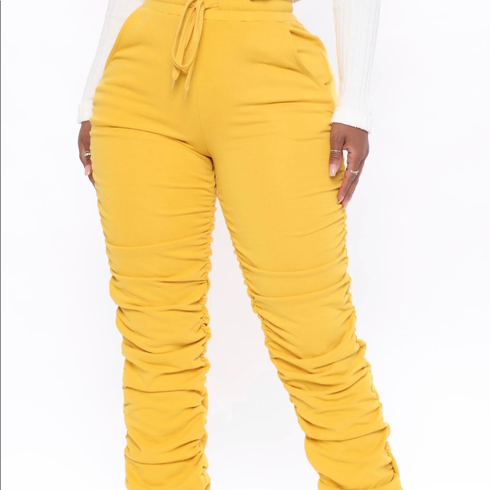 Mustard stacked pants.